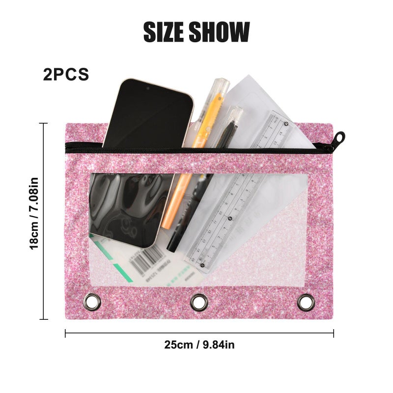 Kcldeci Pencil Pouch for 3 Ring Binder  Pink Glitter Binder Pouches with Zipper Bulk  Pen Holder Case with Clear Window School Class Office Organizers  2Pack - Image 3